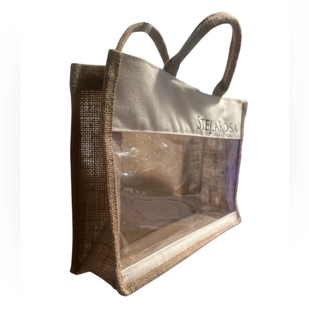Stella Rosa Tan and Cream Burlap Tote Bag with Transparent Panel used for Wine - Picture 2 of 5